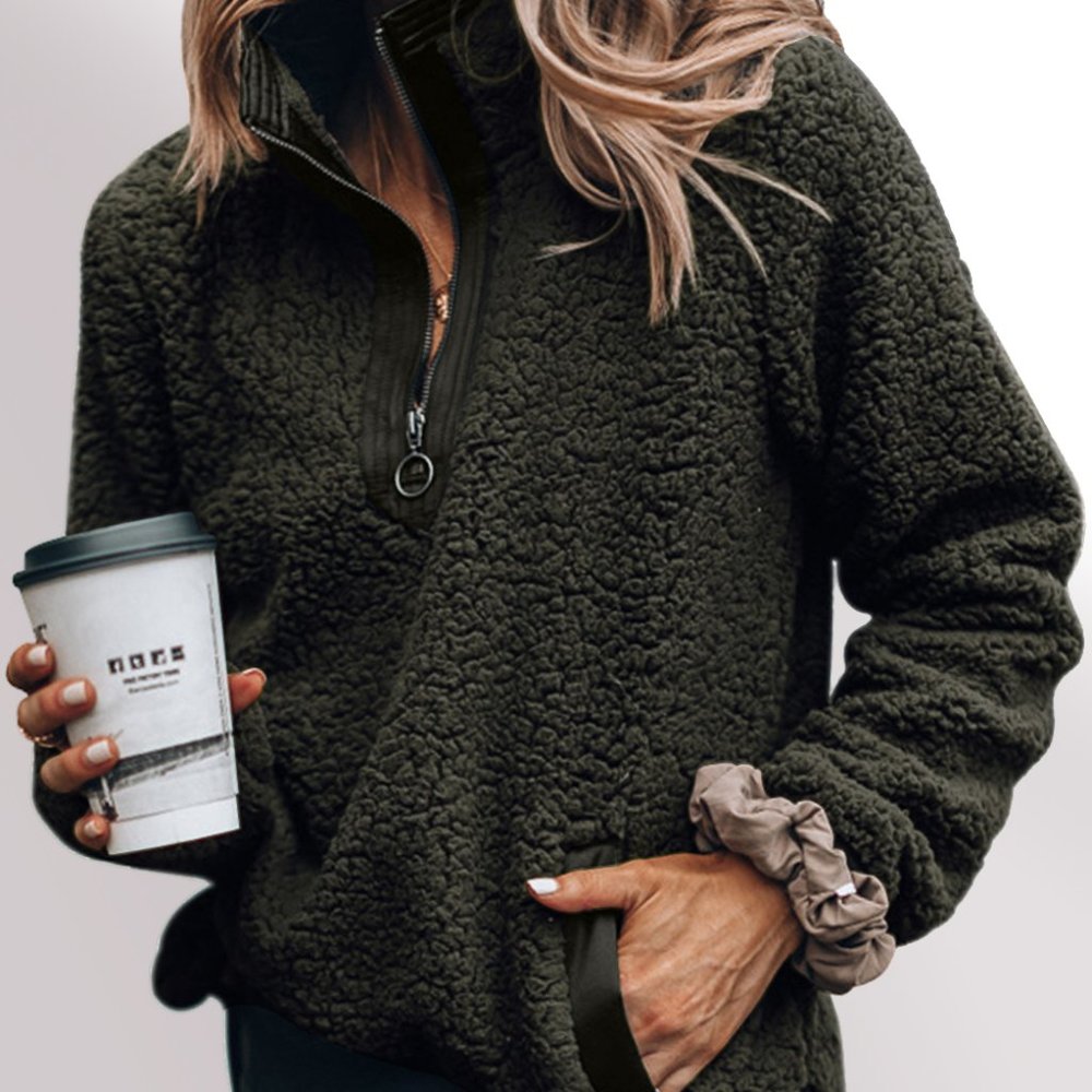 Dark Olive Fuzzy Zip Up Sweater